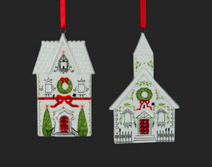 2 Asstd 5" Ceramic Christmas House & Church Ornament